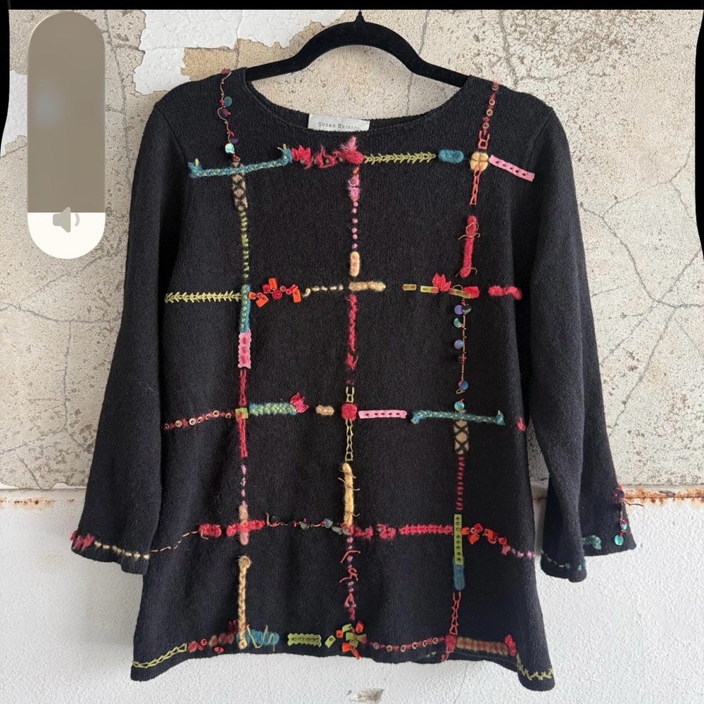 Susan Bristol Black Sweater with Floral Embroidery